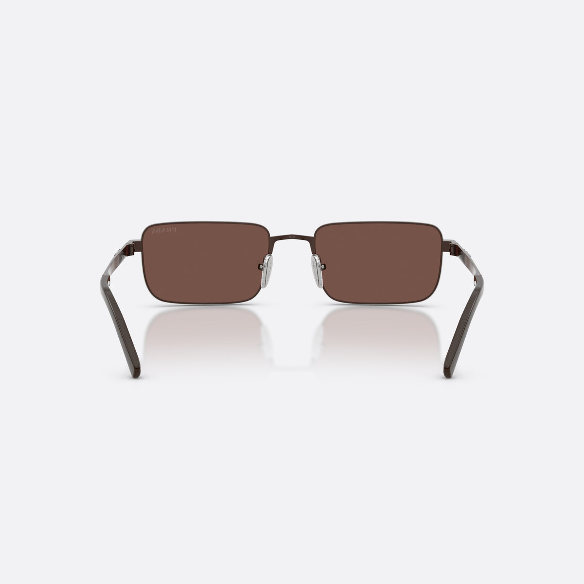 Prada PR D54S 22J80T sunglasses, brown rectangle frame for men, plain metal bridge, brand lettering on temples, back view