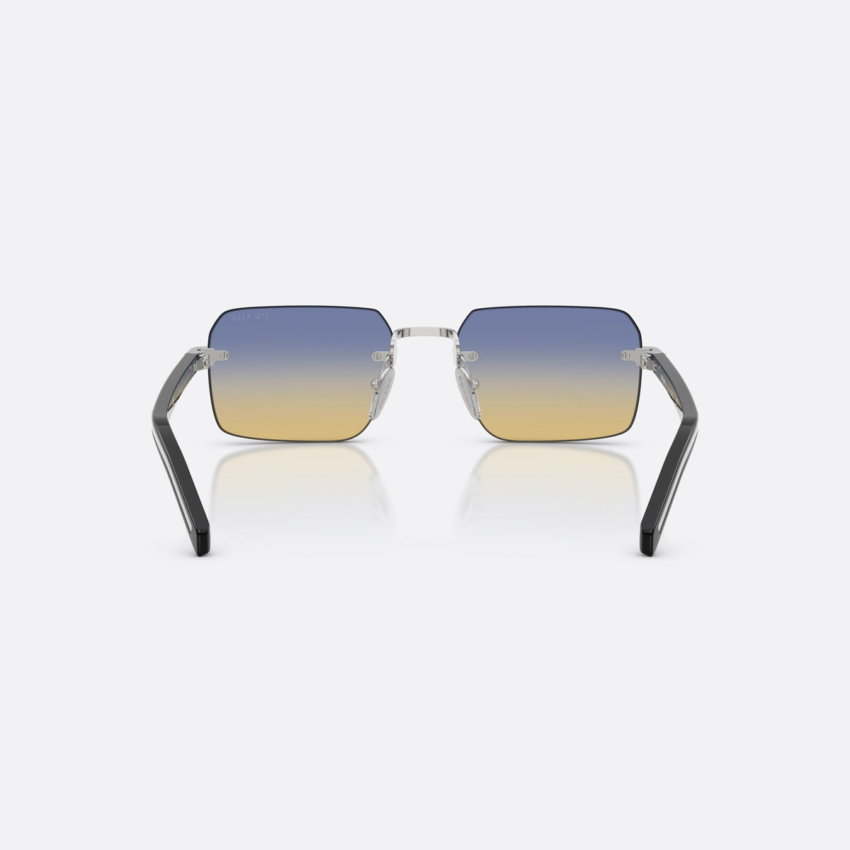 Prada PR D55S 1BC50E sunglasses, silver rectangle frame for men, plain metal bridge, brand lettering on temples, back view
