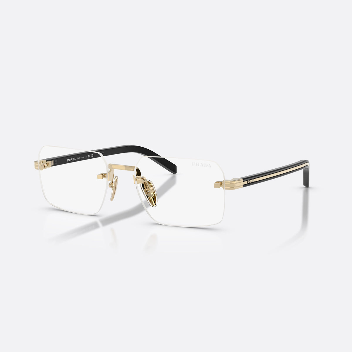 Prada PR D55S ZVN10W sunglasses, gold rectangle frame for men, straight metal bridge, brand lettering on the temples