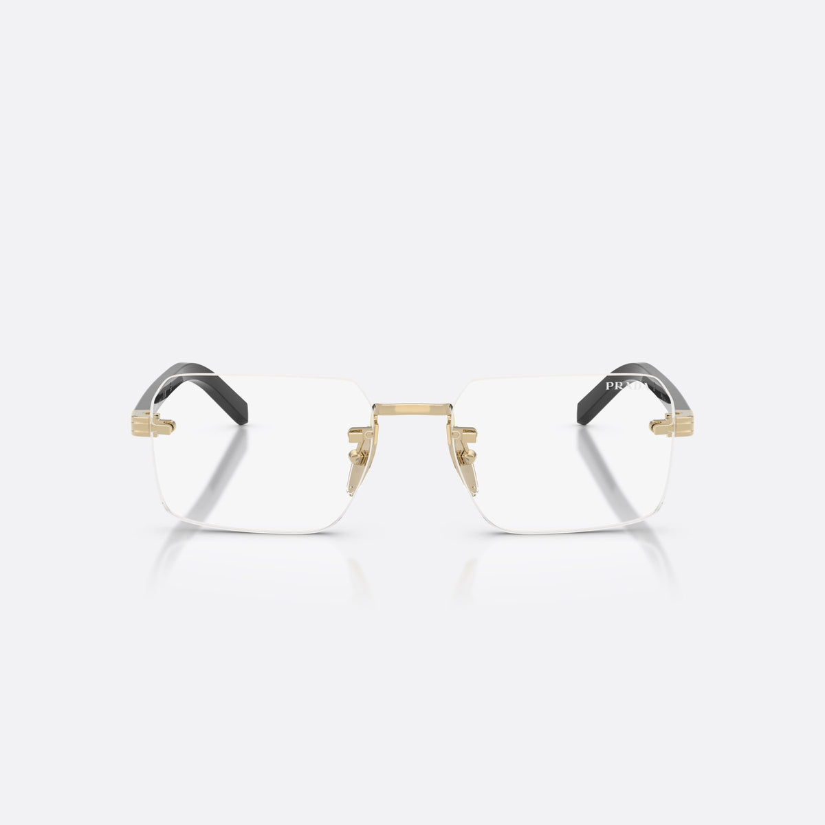 Prada PR D55S ZVN10W sunglasses, gold rectangle frame for men, straight metal bridge, brand lettering on the temples, front view