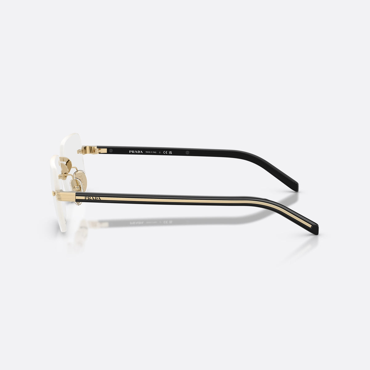Prada PR D55S ZVN10W sunglasses, gold rectangle frame for men, straight metal bridge, brand lettering on the temples, side view