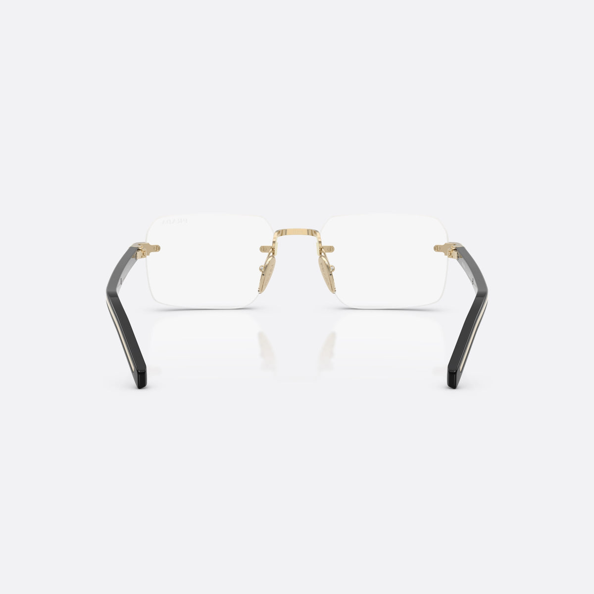 Prada PR D55S ZVN10W sunglasses, gold rectangle frame for men, straight metal bridge, brand lettering on the temples, back view
