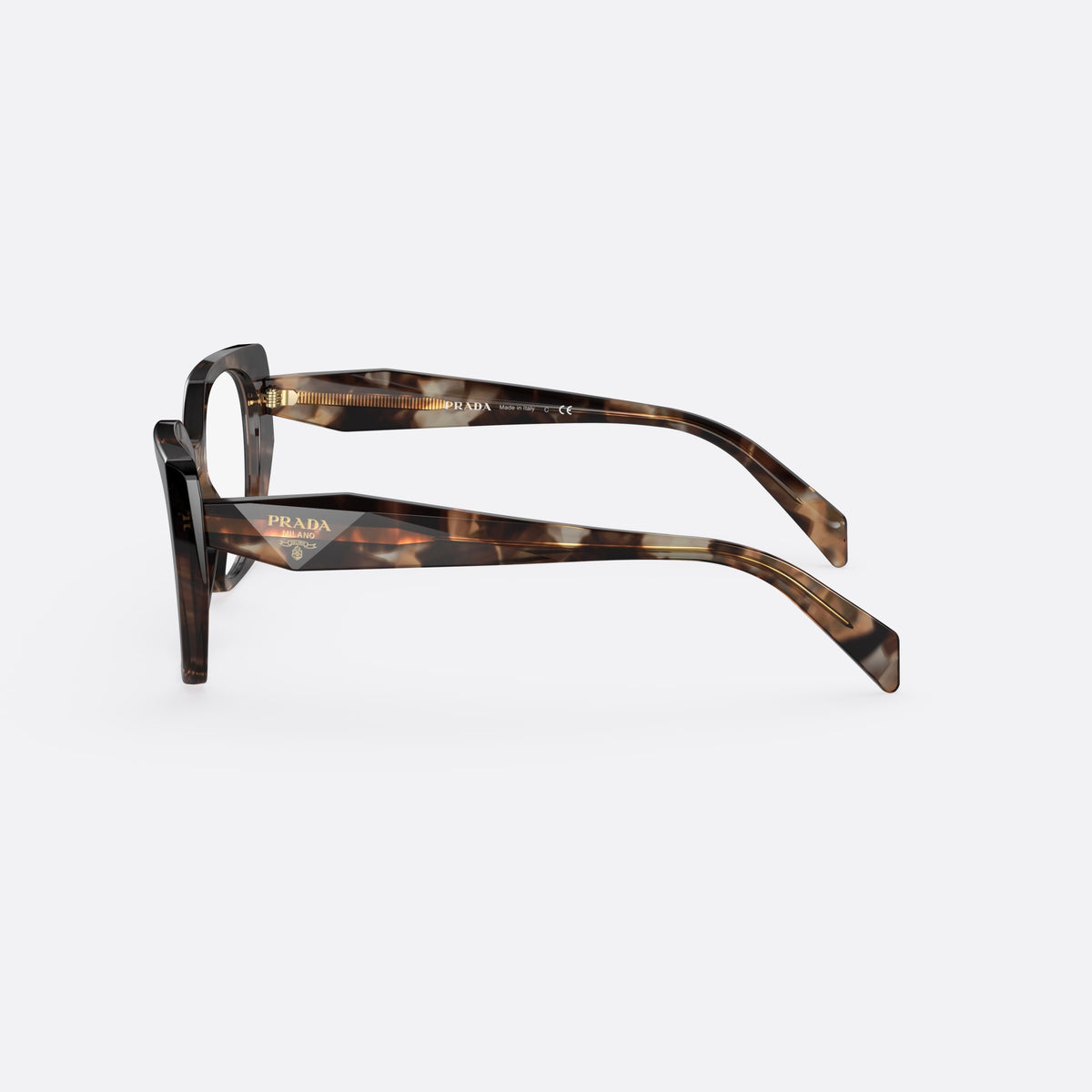 Prada PRADA PR 18WV 07R-1O1 B eyeglasses, brown cat eye frame for women, plain bridge, saddle style, brand logo plaque on temple, side view