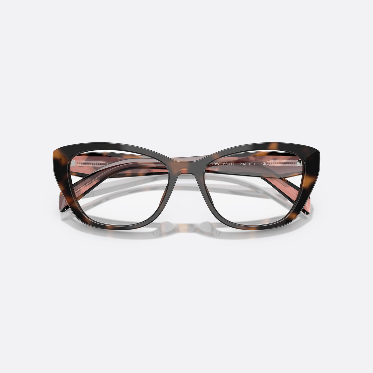 Prada PRADA PR 19WV 23A1O1 eyeglasses, havana cat eye frame for women, plain saddle bridge, brand lettering on temples, folded