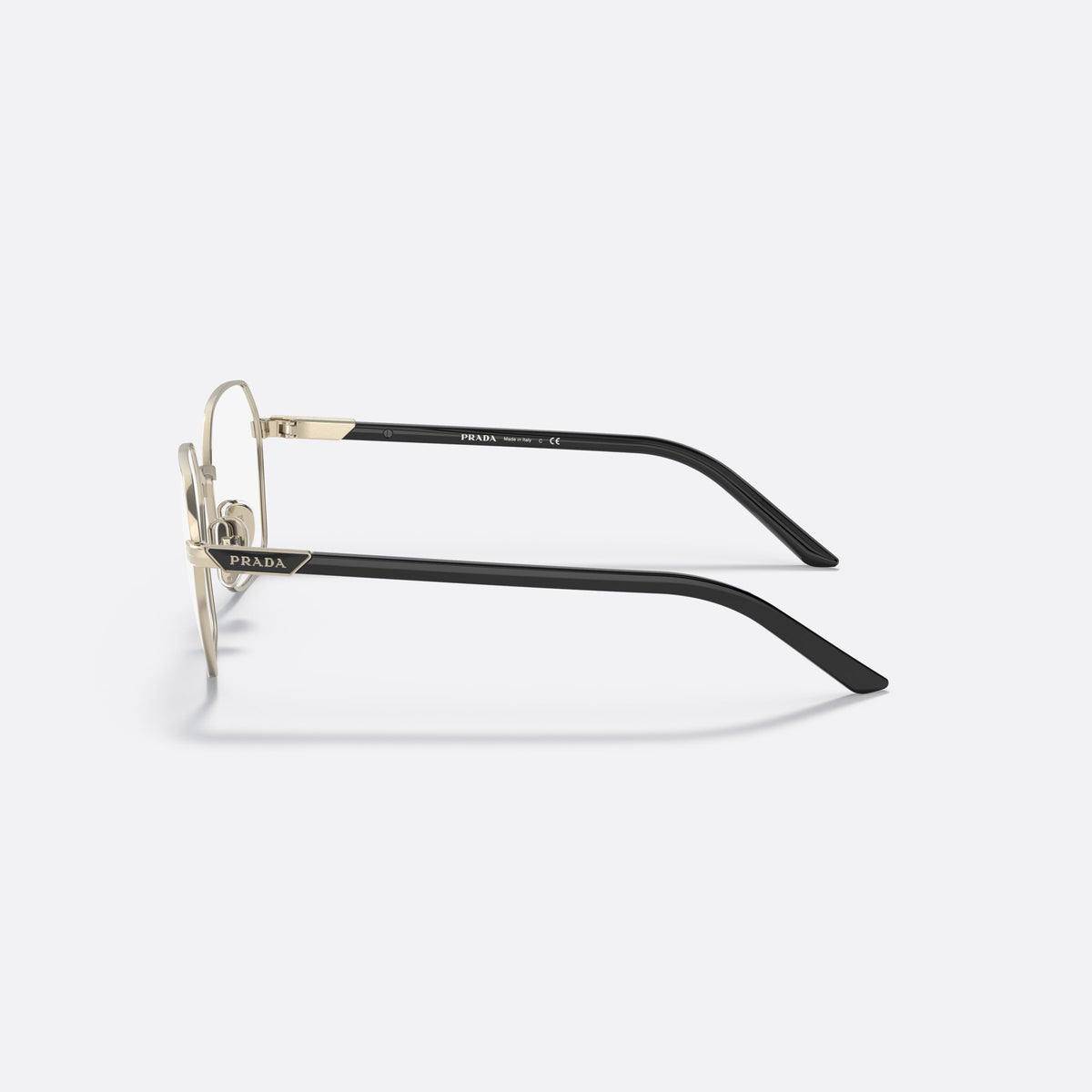 Prada PRADA PR 55YV ZVN-1O1 E eyeglasses, gold geometric frame for women, plain metal bridge, brand logo plaque on temple, side view
