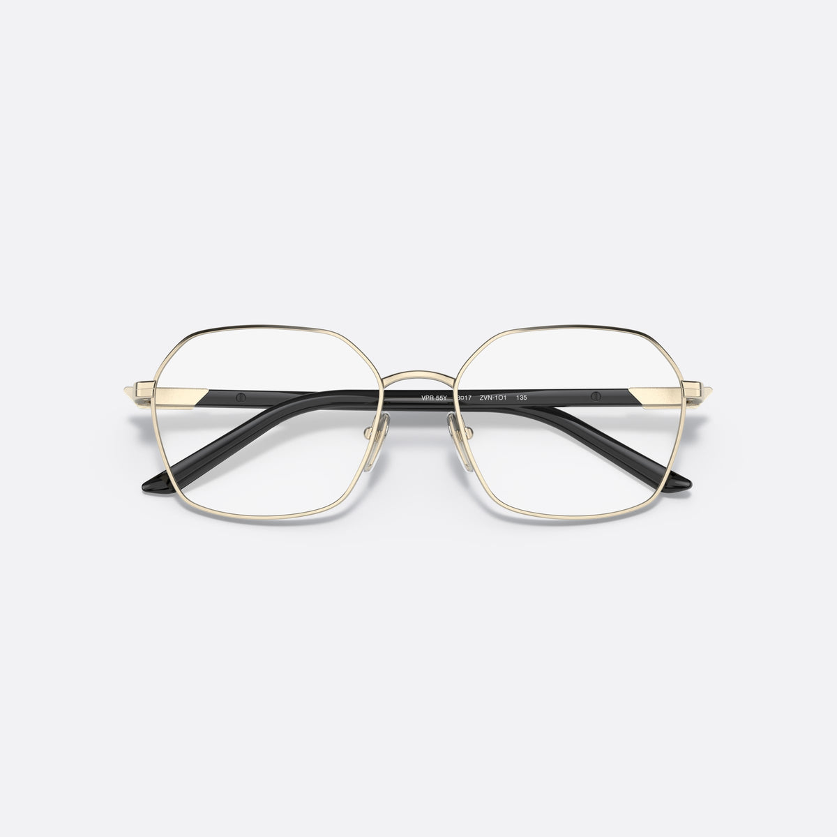 Prada PRADA PR 55YV ZVN-1O1 E eyeglasses, gold geometric frame for women, plain metal bridge, brand logo plaque on temple, folded
