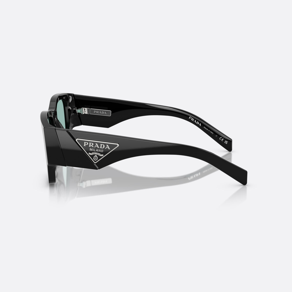 Prada Symbole PR 10ZS 16K40K BKGR sunglasses, black pantos frame for men, plain bridge, triangular brand logo plaque on temple, side view