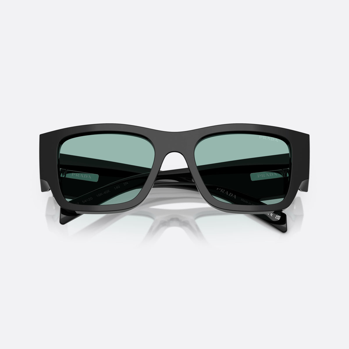 Prada Symbole PR 10ZS 16K40K BKGR sunglasses, black pantos frame for men, plain bridge, triangular brand logo plaque on temple, folded