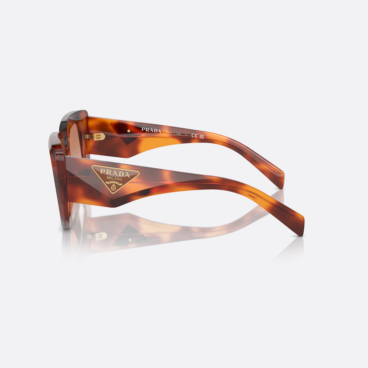 Prada Symbole PR 14ZS 18R70E sunglasses, brown geometric frame for women, plain integrated bridge, brand lettering on temples, side view