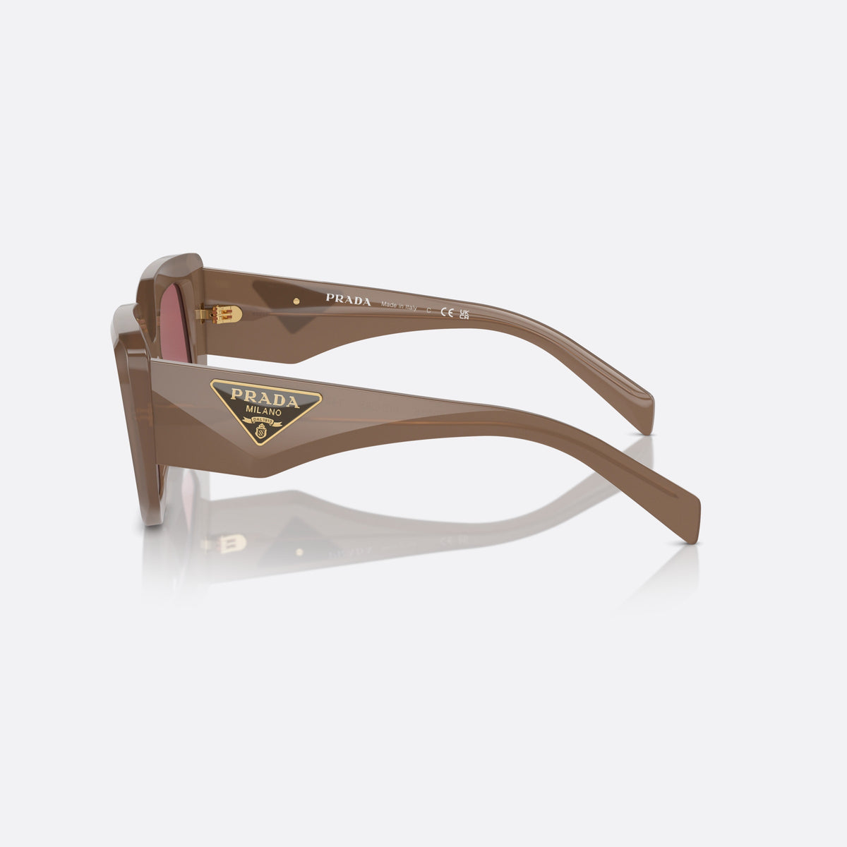Prada Symbole PR 14ZS 50 11S08S sunglasses, brown geometric frame for women, plain integrated bridge, brand logo on temple plaque, side view