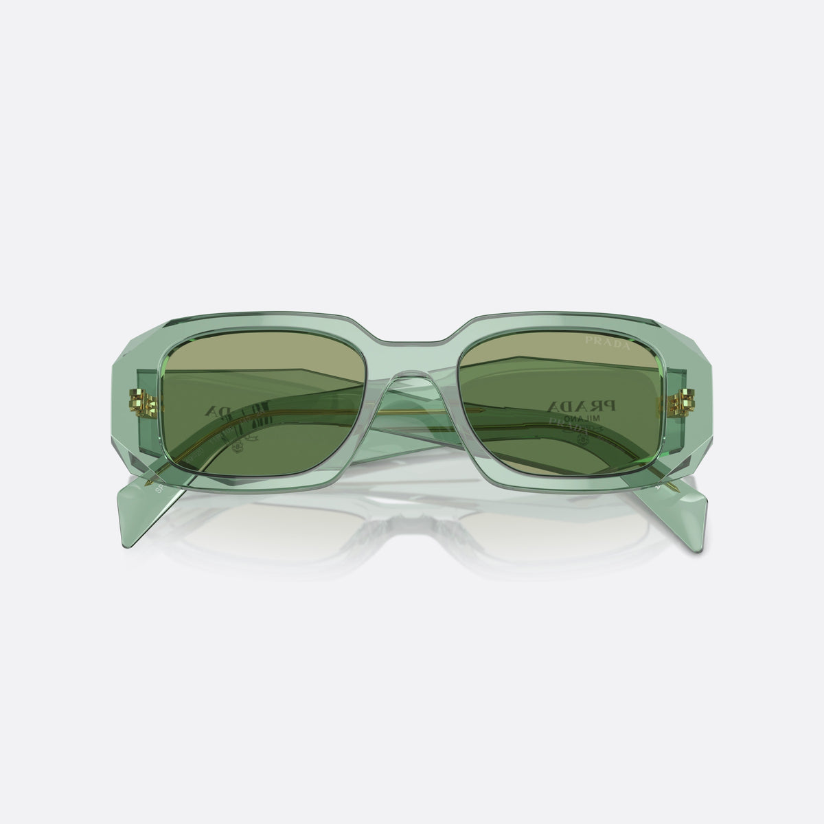 Ochelari de soare Prada Symbole PR 17WS 11R10E, geometrica verde, pentru femei, punte simplă, literele brandului pe brațe, ramă completă, cu brațele pliate