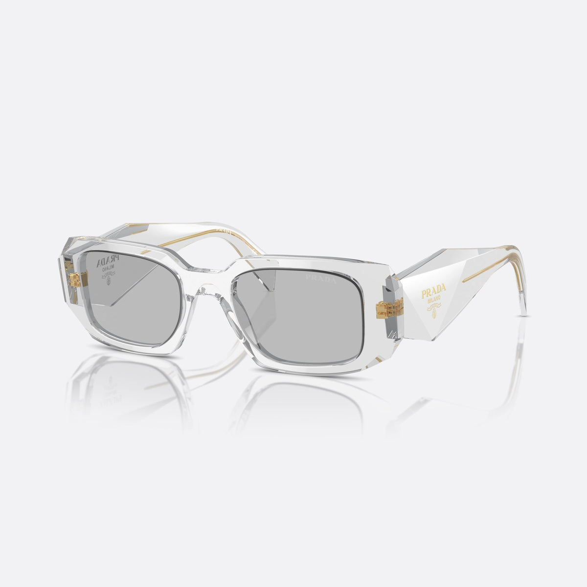 Prada Symbole PR 17WS 12R30B sunglasses, grey geometric frame for women, plain bridge, brand lettering on temples, plaque on temples