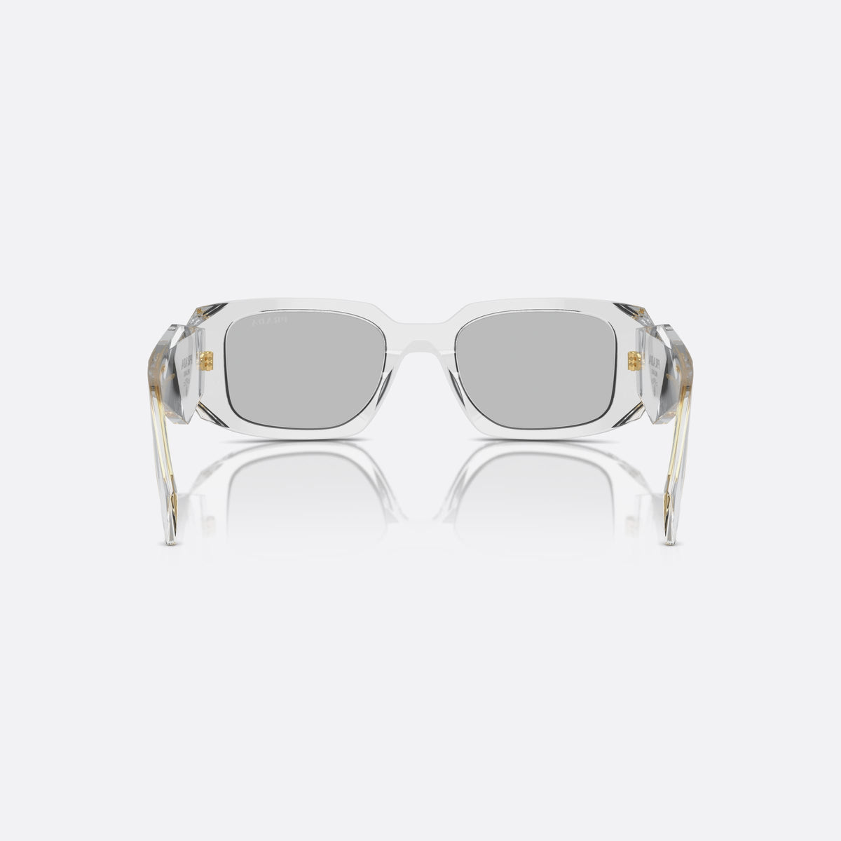 Prada Symbole PR 17WS 12R30B sunglasses, grey geometric frame for women, plain bridge, brand lettering on temples, plaque on temples, back view