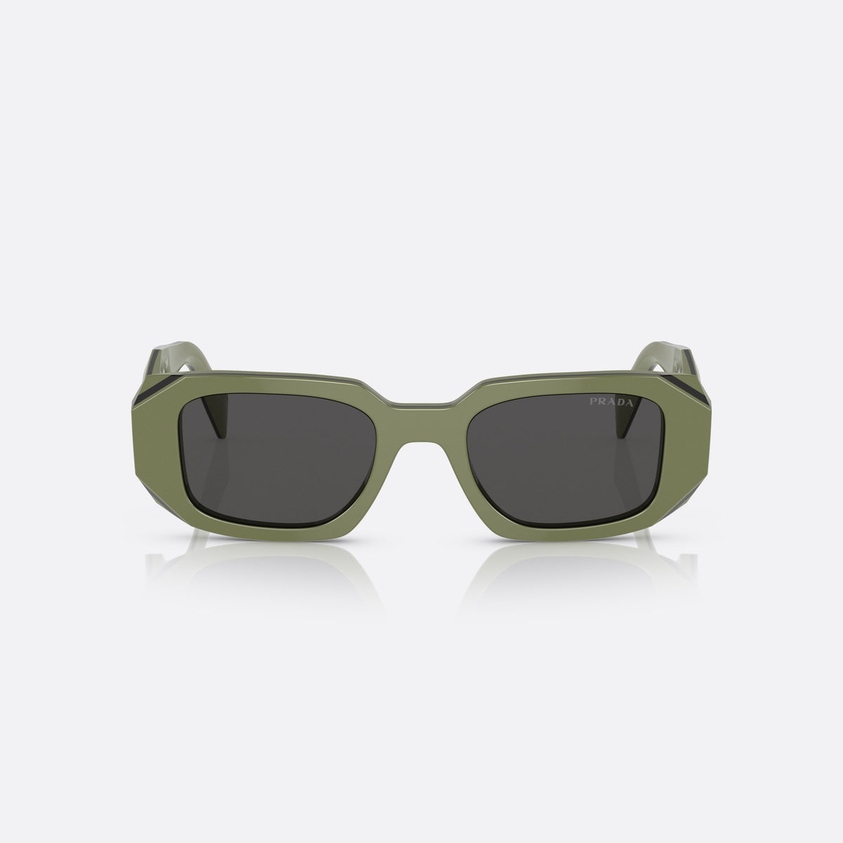 Prada Symbole PR 17WS 13N-5S0 sunglasses, green geometric frame for women, plain integrated bridge, brand lettering on temples, front view