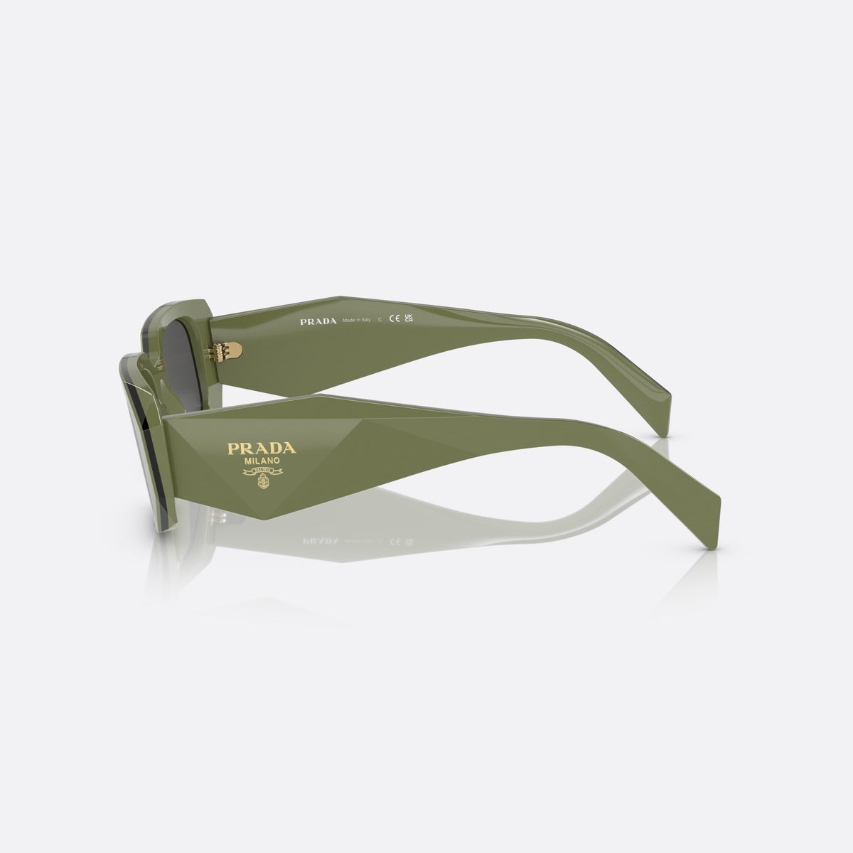 Prada Symbole PR 17WS 13N-5S0 sunglasses, green geometric frame for women, plain integrated bridge, brand lettering on temples, side view