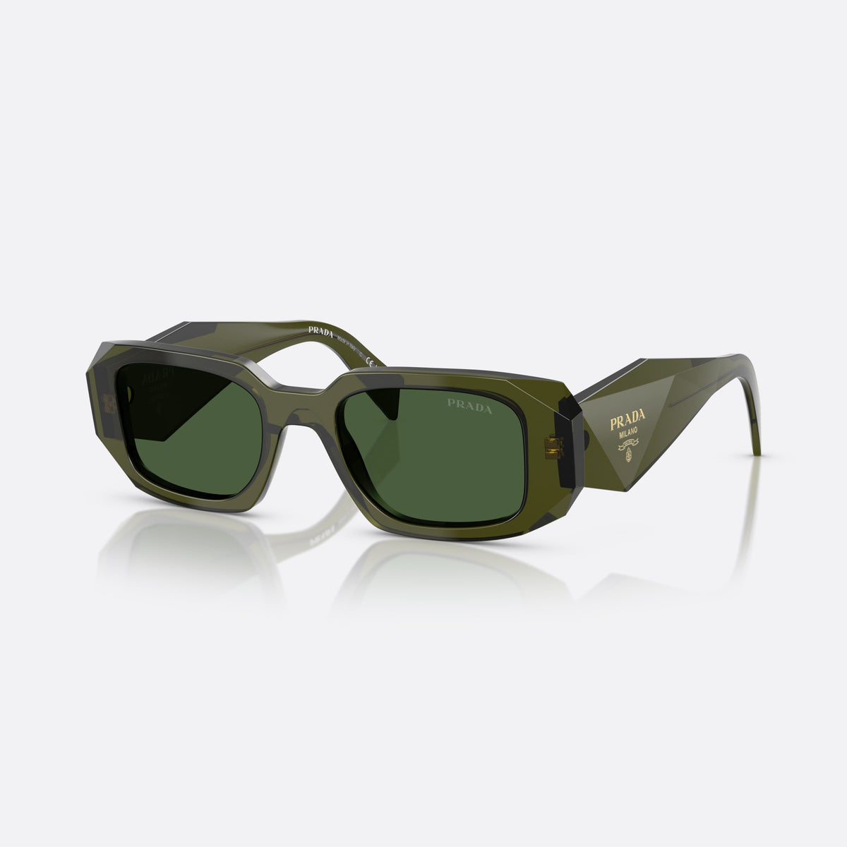 Prada Symbole PR 17WS 19Z1I0 sunglasses, green geometric frame for women, plain bridge, integrated into front, wide tapered temples