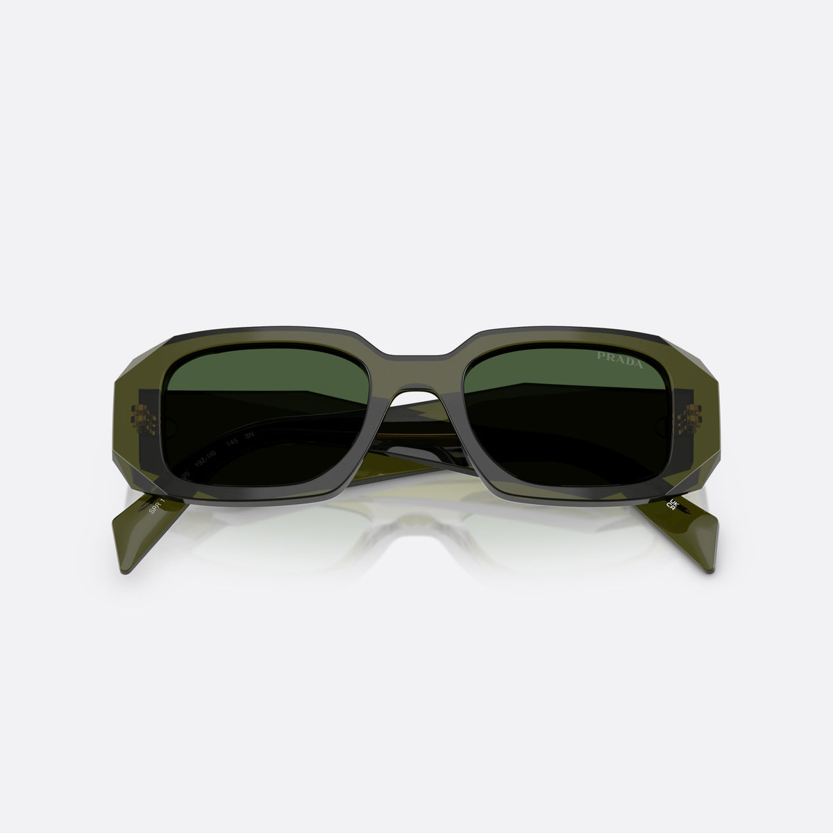 Prada Symbole PR 17WS 19Z1I0 sunglasses, green geometric frame for women, plain bridge, integrated into front, wide tapered temples, folded