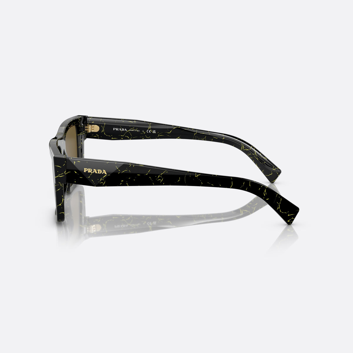 Prada Symbole PR 19WS 19D-01T sunglasses, black geometric frame for men, plain bridge, brand lettering on temples, full-rim frame, side view