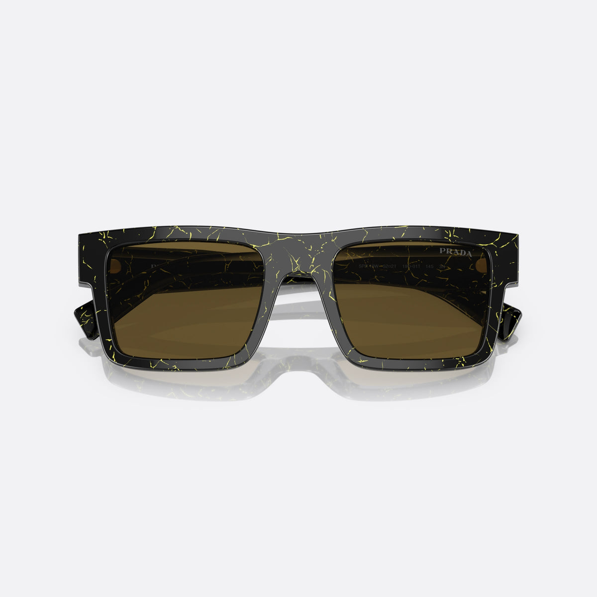 Prada Symbole PR 19WS 19D-01T sunglasses, black geometric frame for men, plain bridge, brand lettering on temples, full-rim frame, folded