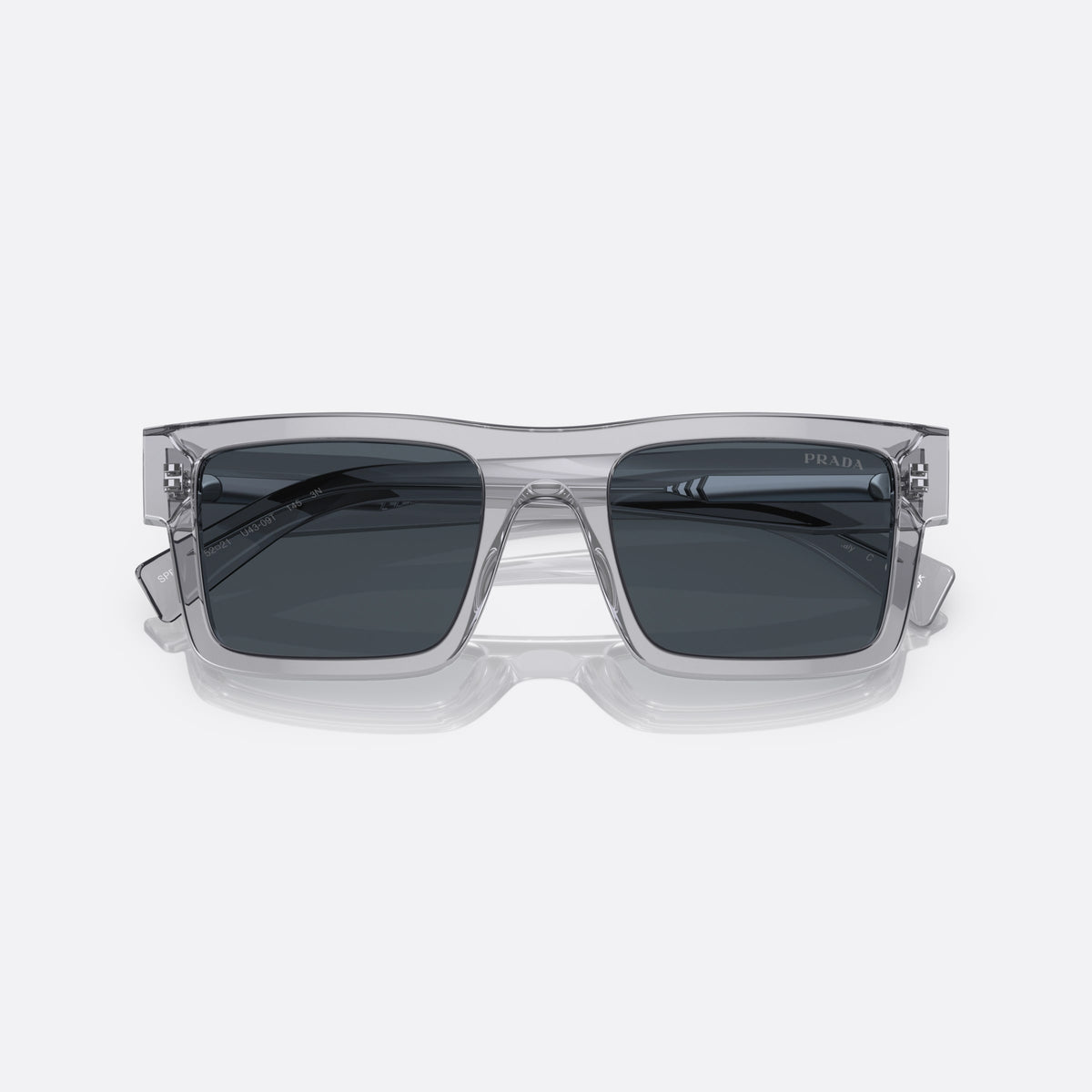 Prada Symbole PR 19WS U4309T CGDG sunglasses, clear geometric frame for men, plain bridge, brand lettering on temples, full-rim frame, folded