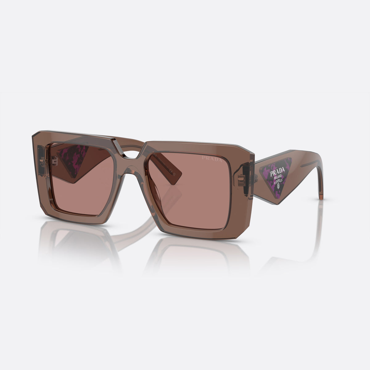 Prada Symbole PR 23YS 17O-60B sunglasses, brown square frame, unisex, double bridge with top bar, brand lettering on front rim