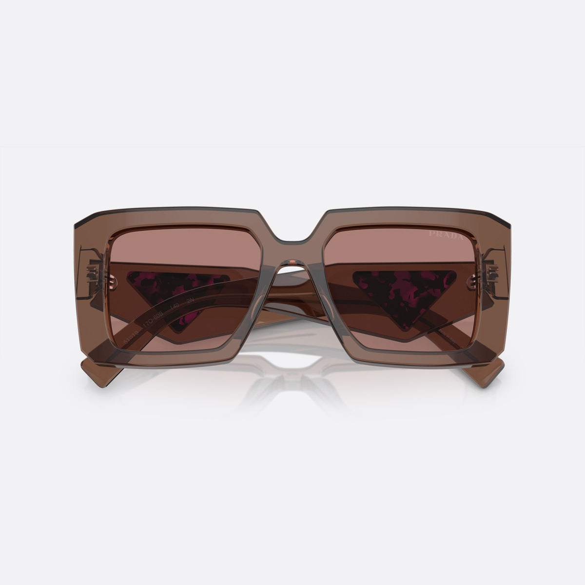 Prada Symbole PR 23YS 17O-60B sunglasses, brown square frame, unisex, double bridge with top bar, brand lettering on front rim, folded