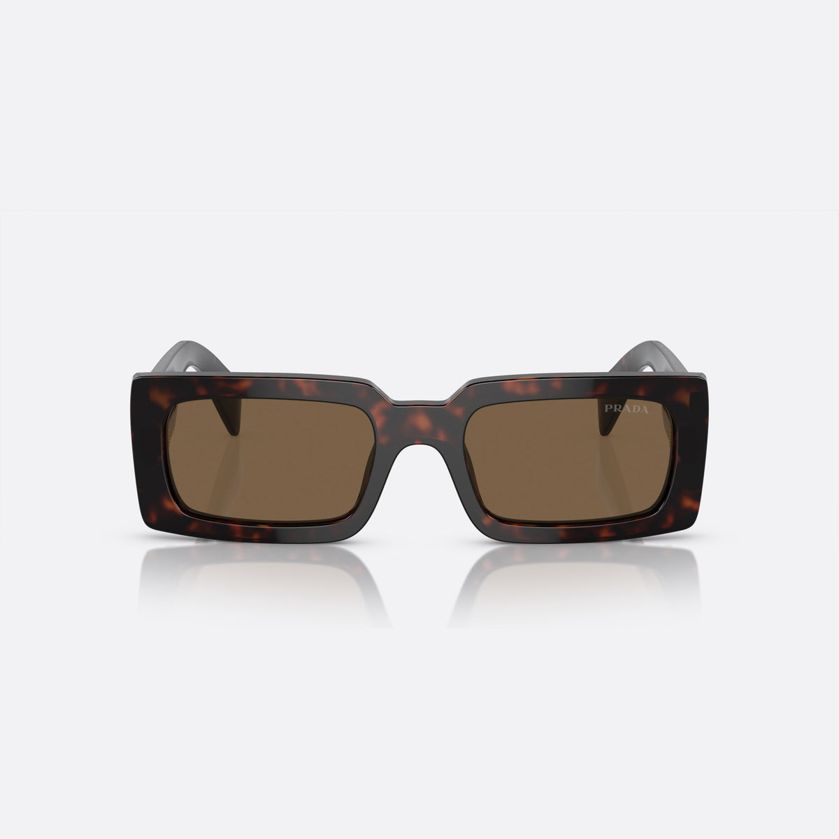 Prada Talc PR A07S 52-20 16N-5Y1 G sunglasses, brown geometric frame for women, plain double-style bridge, brand lettering on temples, front view
