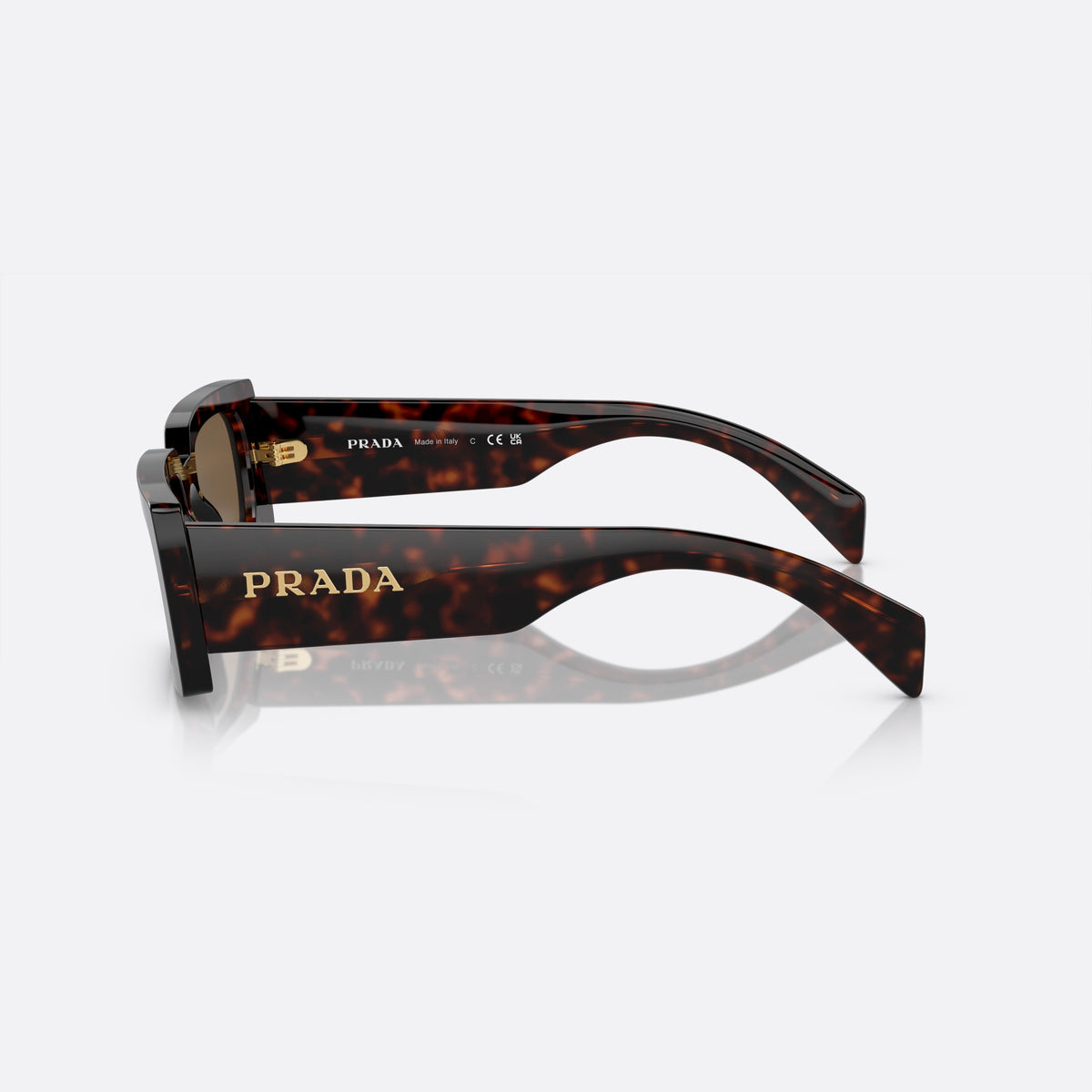 Prada Talc PR A07S 52-20 16N-5Y1 G sunglasses, brown geometric frame for women, plain double-style bridge, brand lettering on temples, side view