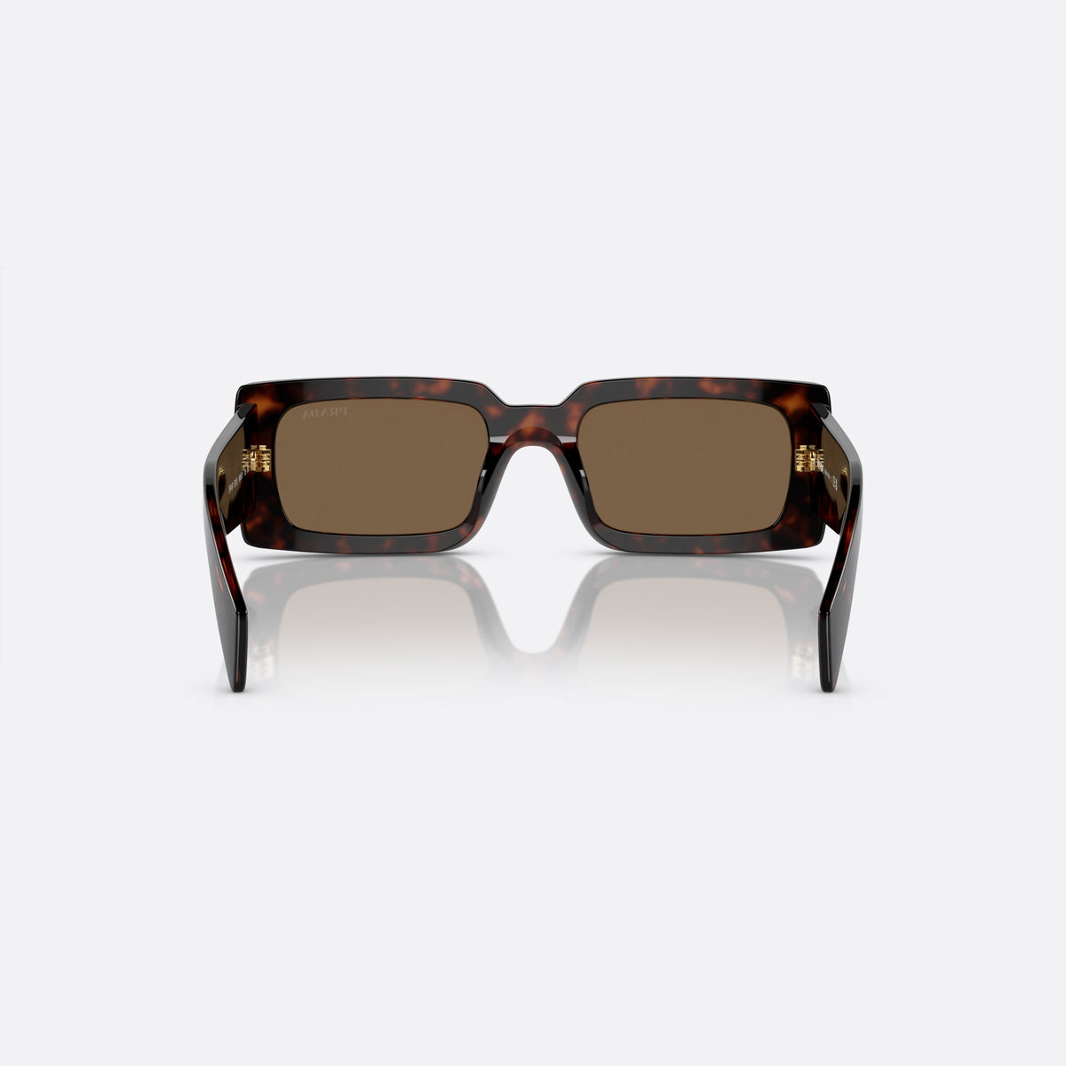 Prada Talc PR A07S 52-20 16N-5Y1 G sunglasses, brown geometric frame for women, plain double-style bridge, brand lettering on temples, back view