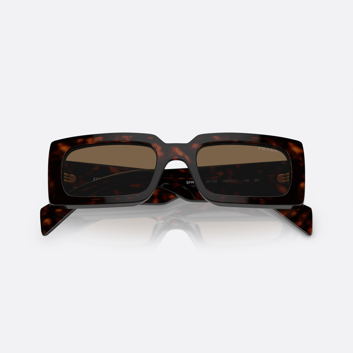 Prada Talc PR A07S 52-20 16N-5Y1 G sunglasses, brown geometric frame for women, plain double-style bridge, brand lettering on temples, folded