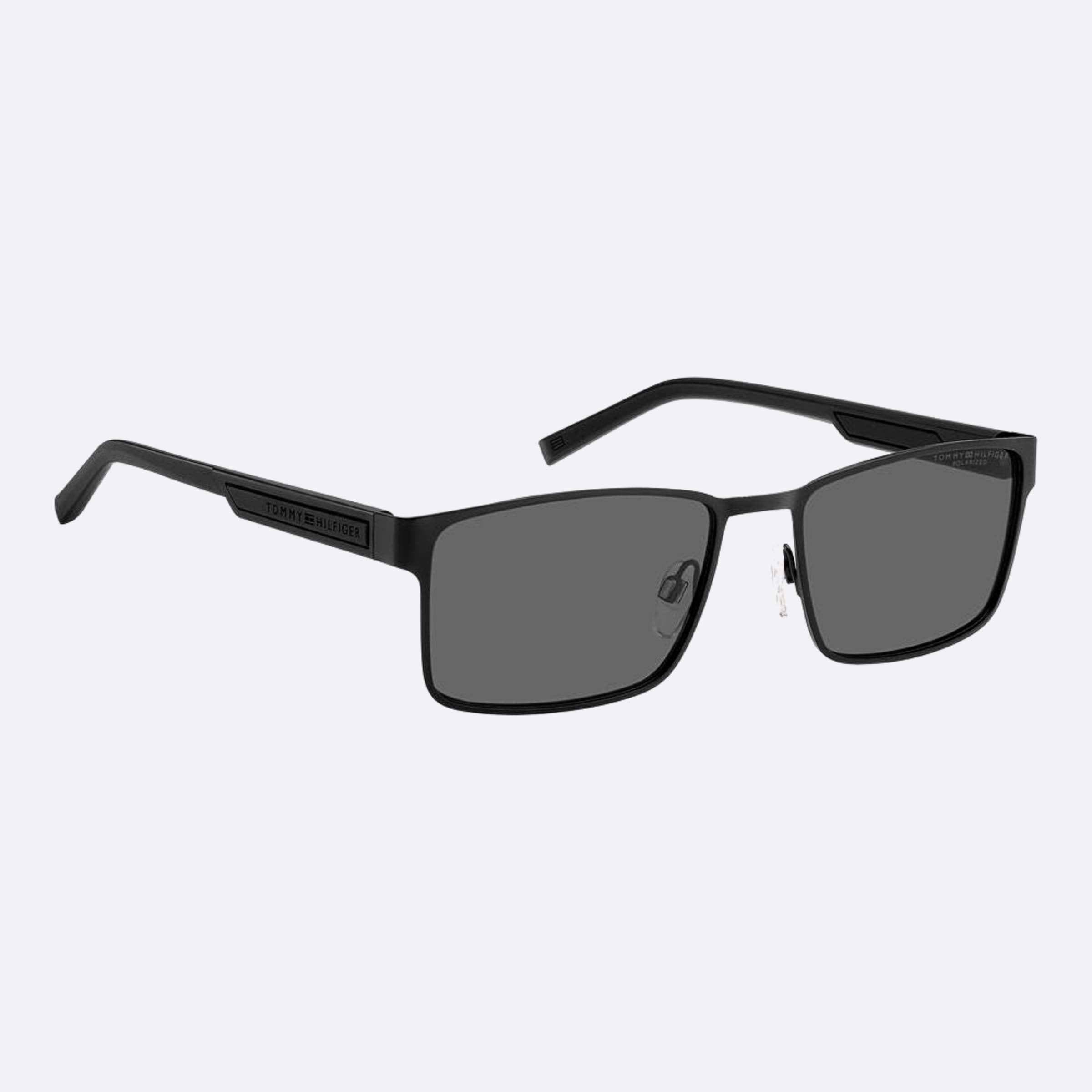 Tommy 57mm Hilfiger Black Rectangle Polarized Men Sunglasses - Detail View