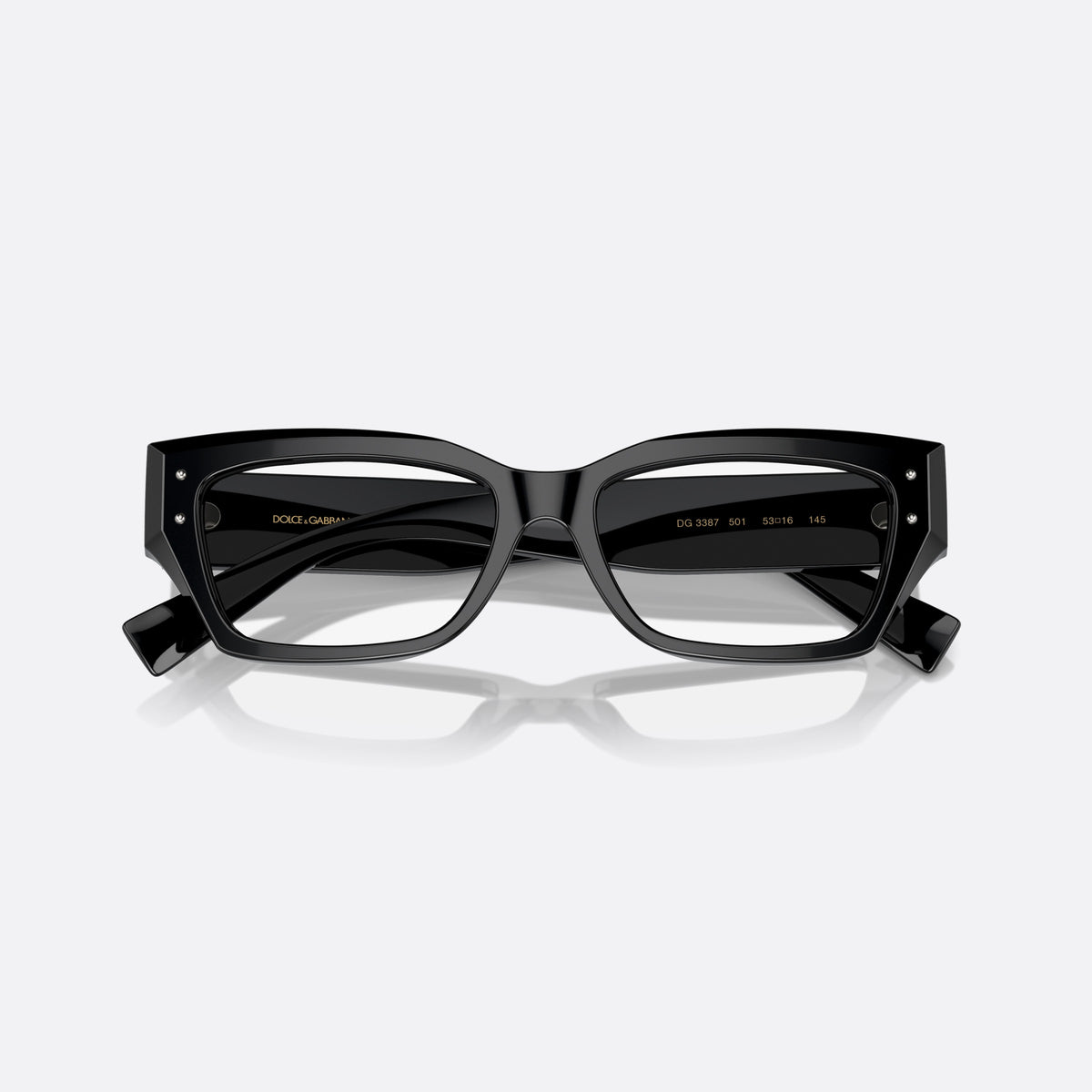 Dolce & Gabbana DG 3387 501 eyeglasses, black squared frame for women, plain bridge, integrated into front, wide tapered temples, folded