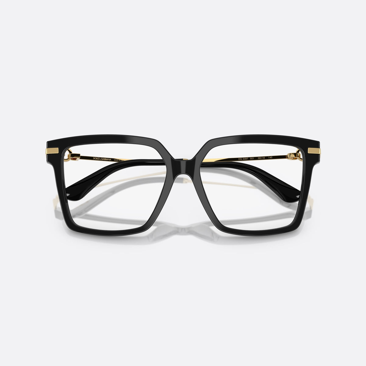 Dolce & Gabbana DG 3397 501 eyeglasses, black butterfly frame for women, plain double bridge, brand logo plaque on temple, folded