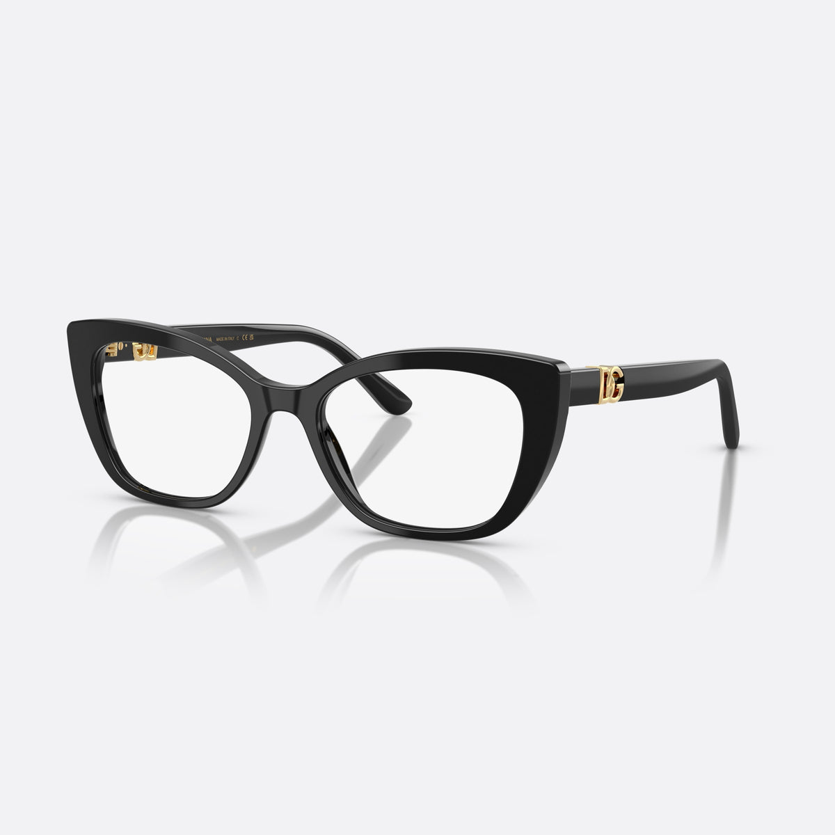 Dolce & Gabbana DG 3398 501 eyeglasses, black cat eye frame for women, plain bridge, brand logo plaque on temples