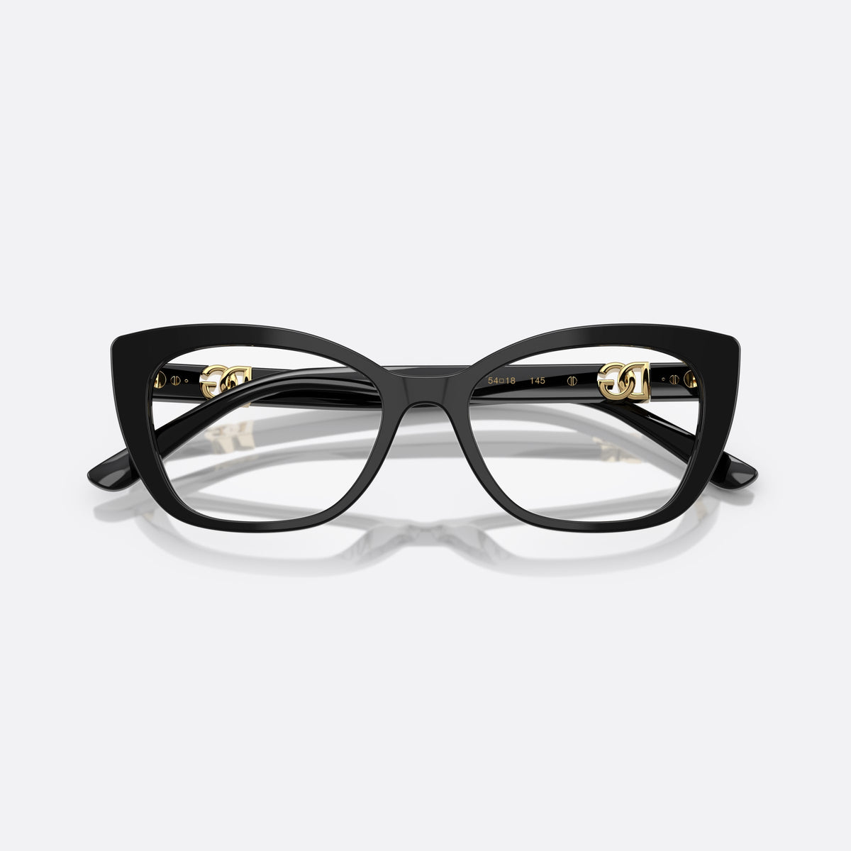 Dolce & Gabbana DG 3398 501 eyeglasses, black cat eye frame for women, plain bridge, brand logo plaque on temples, folded