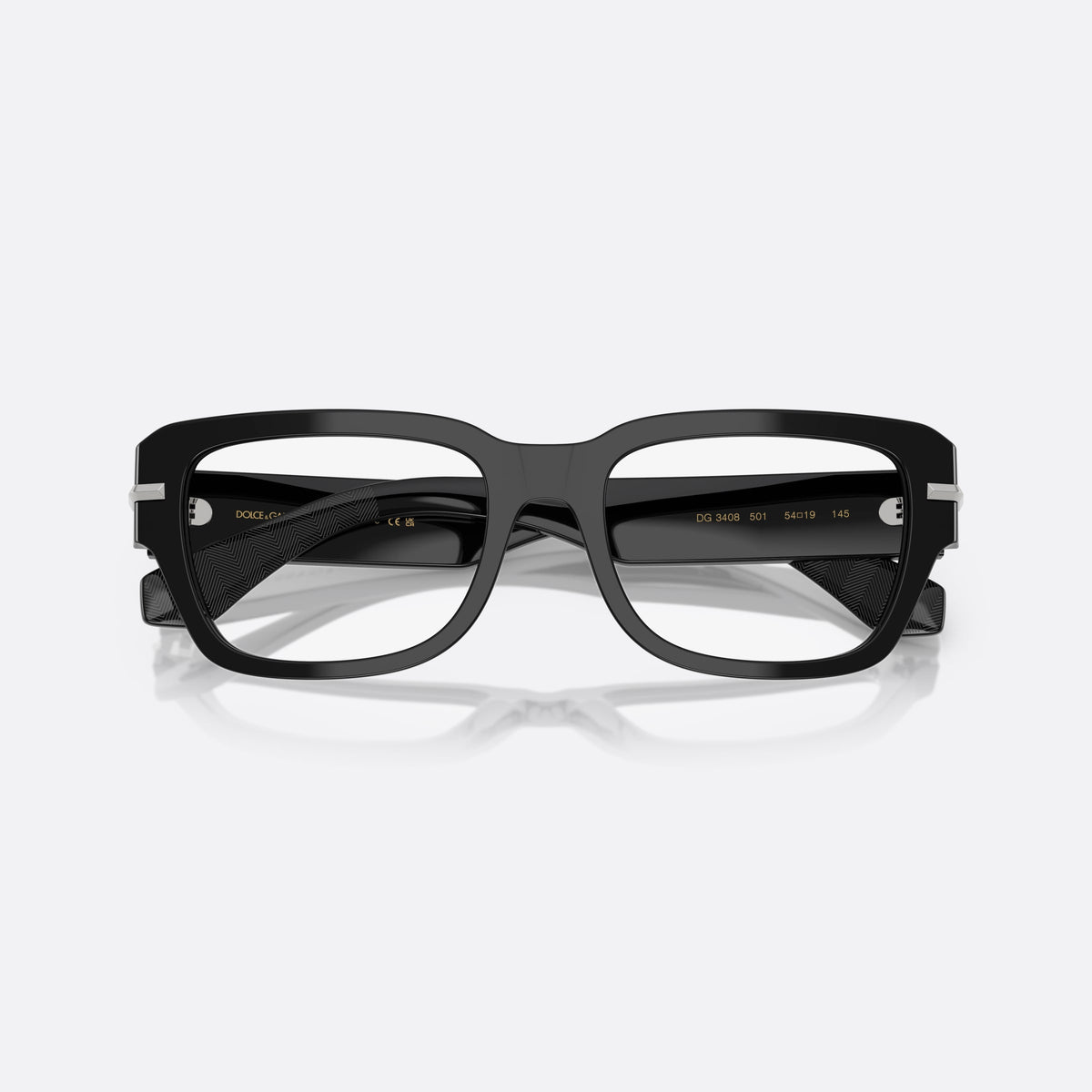 Dolce & Gabbana DG 3408 501 eyeglasses, black squared frame for men, plain bridge, integrated into frame, brand logo on temple, folded