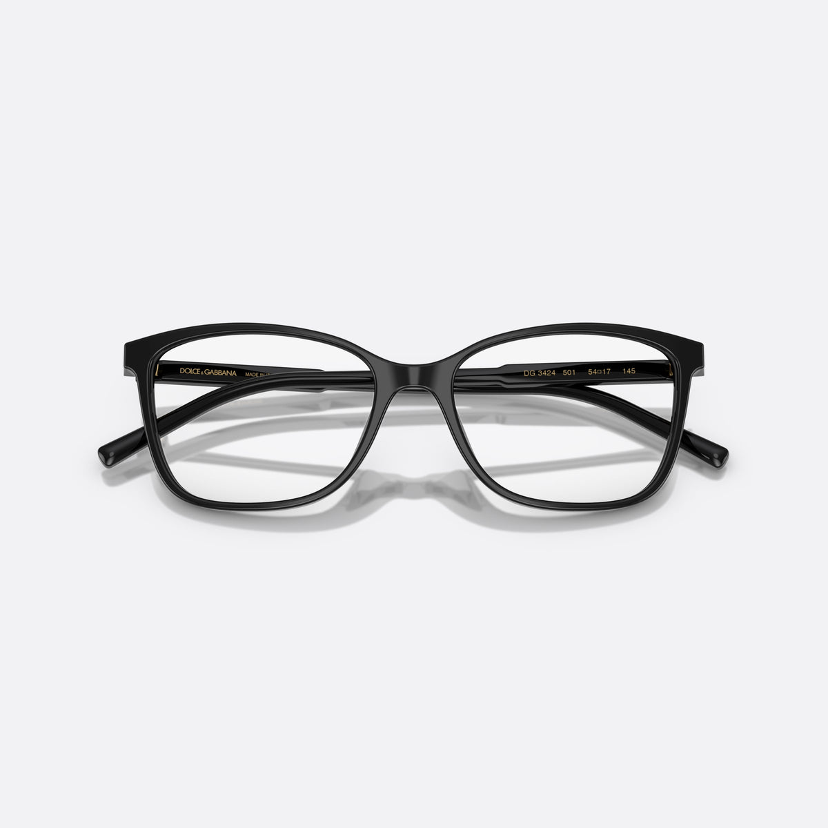 Rame ochelari de vedere Dolce & Gabbana DG 3424 501, pantos negru, pentru femei, punte keyhole, literele brandului pe brațe, ramă completă, cu brațele pliate
