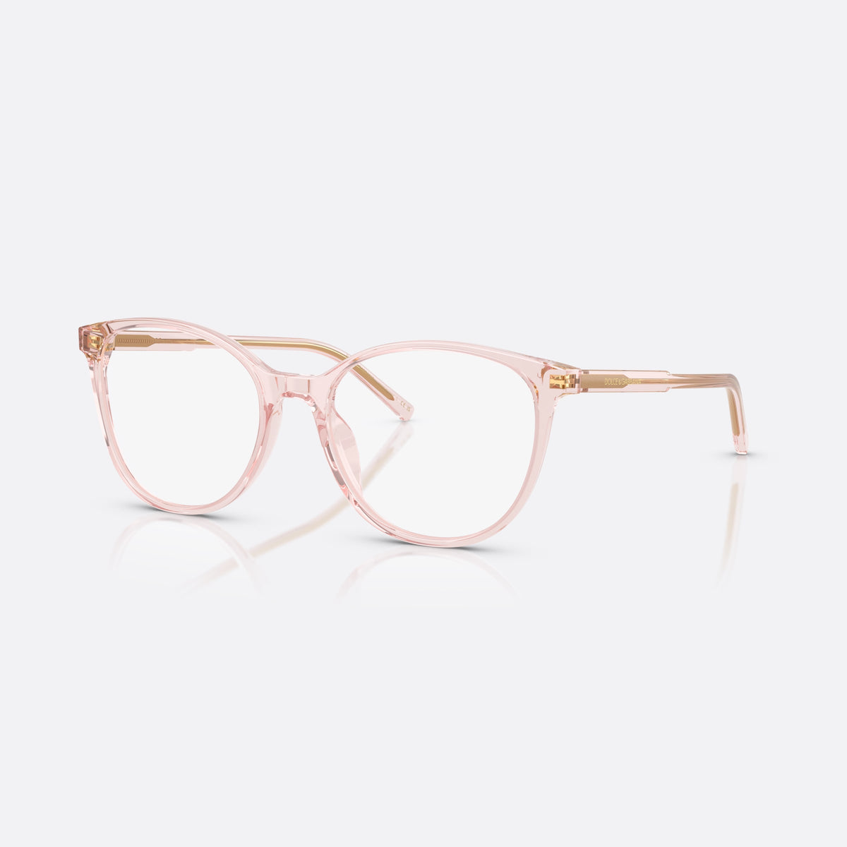 Dolce & Gabbana DG 3425 3148 eyeglasses, pink round frame for women, plain bridge, brand lettering on temples, gold-tone hinges