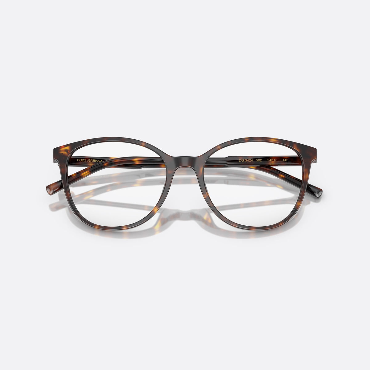 Dolce & Gabbana DG 3425 502 eyeglasses, havana round frame for women, plain bridge with curved top, full-rim front, folded