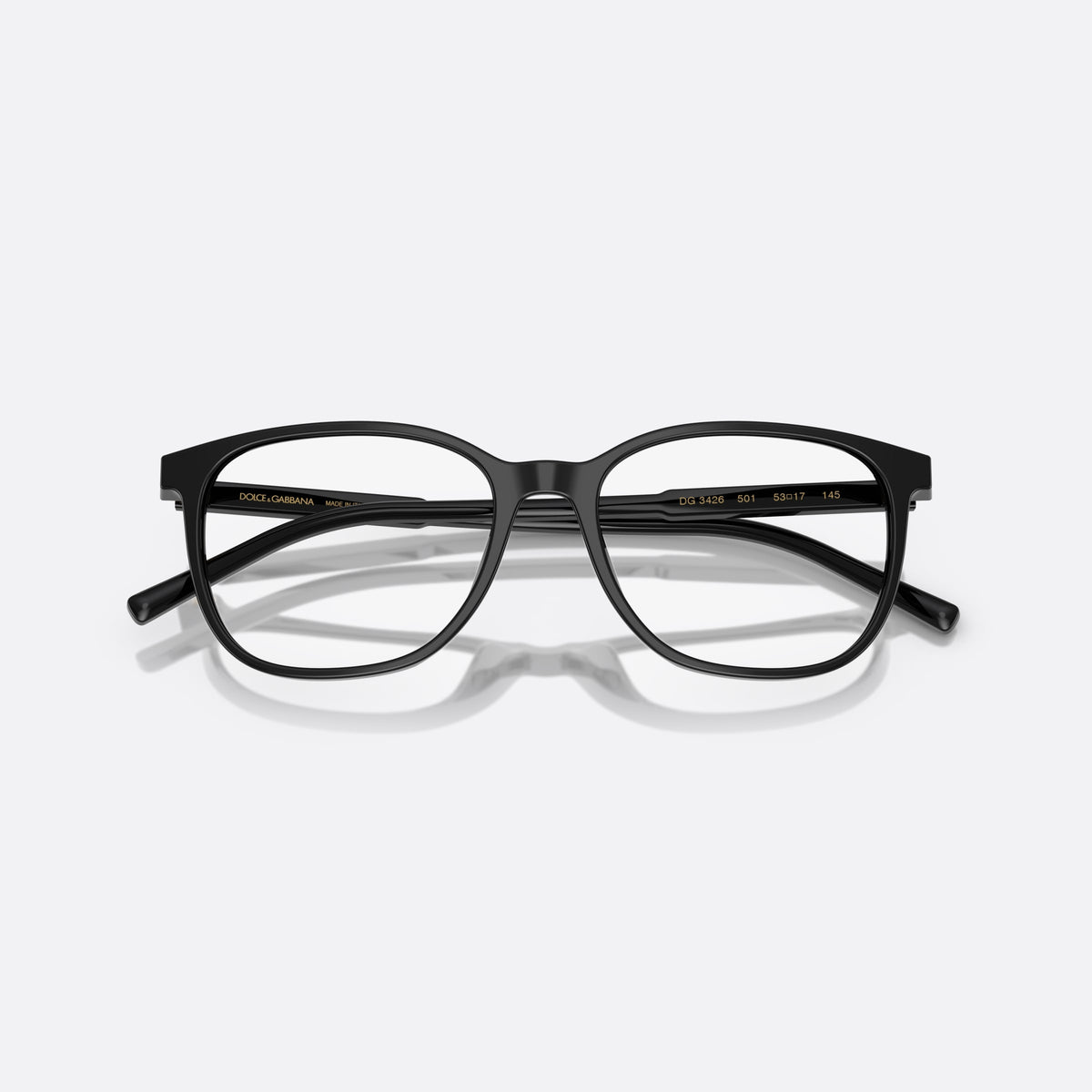 Dolce & Gabbana DG 3426 501 eyeglasses, black pantos frame for men, keyhole bridge, brand lettering on temples, full-rim front, folded