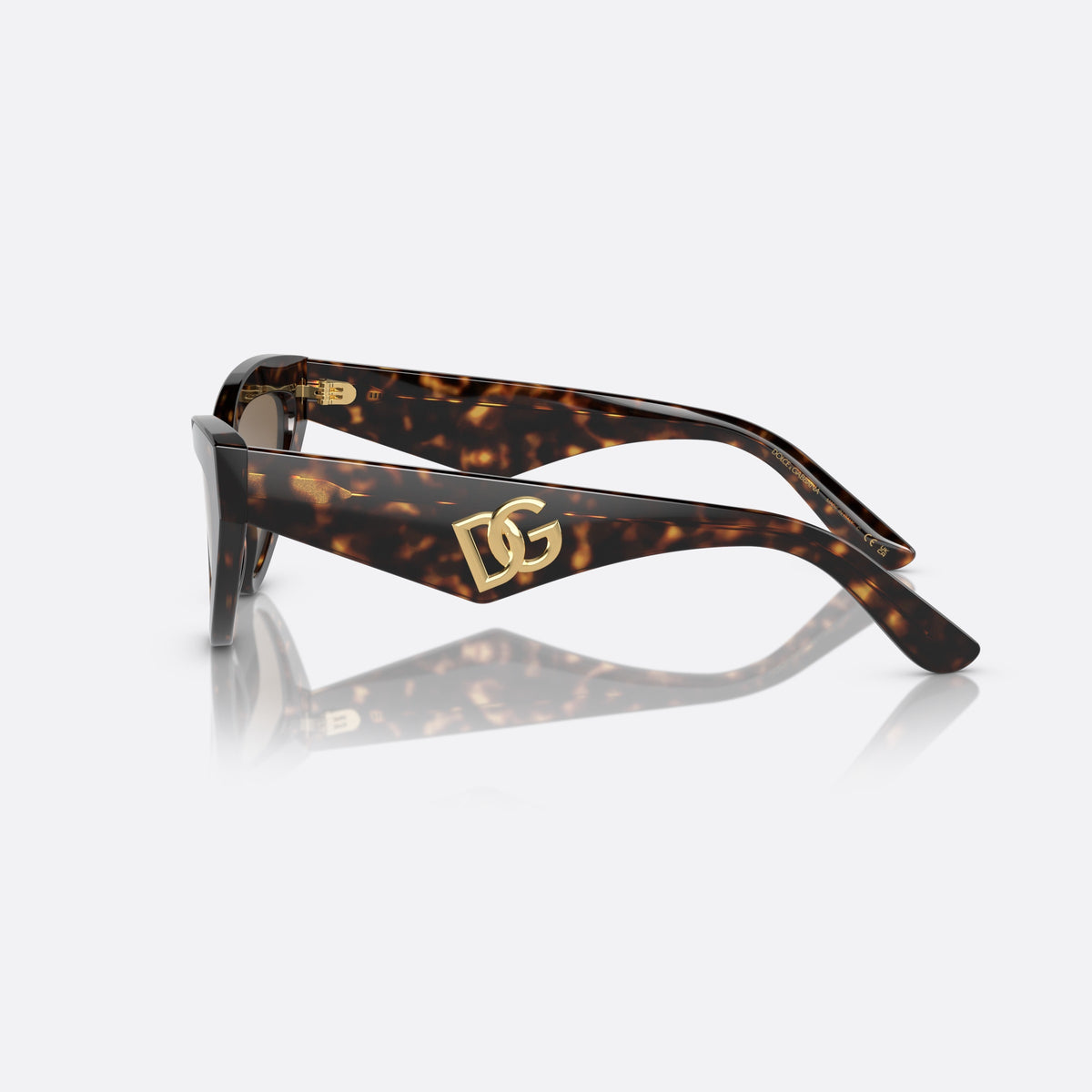 Dolce & Gabbana DG 4439 502/73 sunglasses, havana cat eye frame for women, plain bridge, integrated into front, wide tapered temples, side view
