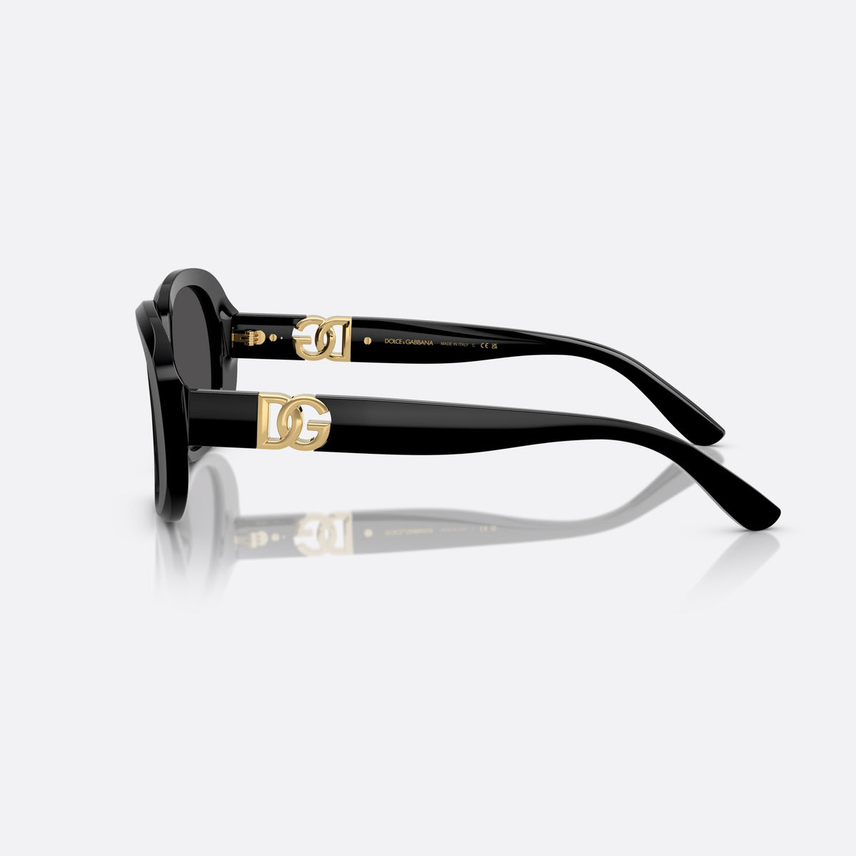 Dolce & Gabbana DG 4476 501/87 sunglasses, black oval frame for women, plain double-arch bridge, brand logo plaque on temples, side view