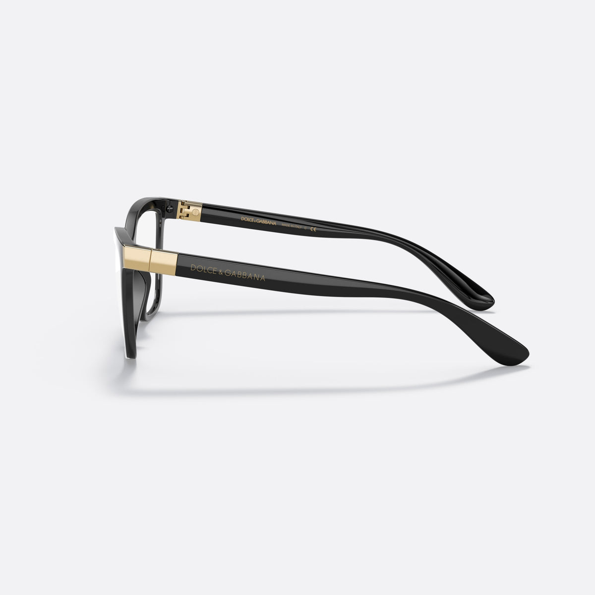 Dolce & Gabbana DG 5076 501 eyeglasses, black cat eye frame for women, plain bridge, brand lettering on temples, side view