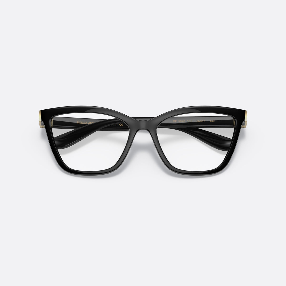 Dolce & Gabbana DG 5076 501 eyeglasses, black cat eye frame for women, plain bridge, brand lettering on temples, folded