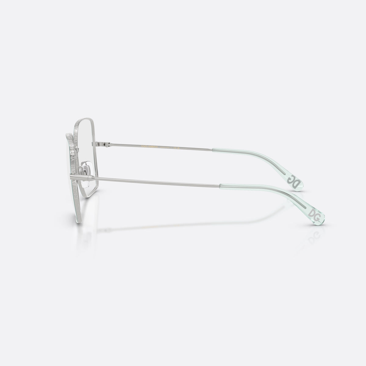Dolce & Gabbana DG1323 1325 eyeglasses, silver square frame for women, plain metal bridge, brand lettering on temples, side view