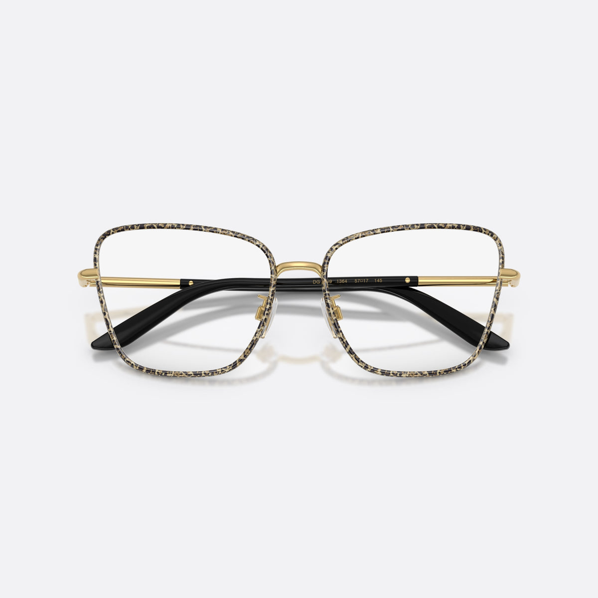 Dolce & Gabbana DG1359 1364 eyeglasses, gold cat eye frame for women, saddle metal bridge, brand lettering on temples, folded