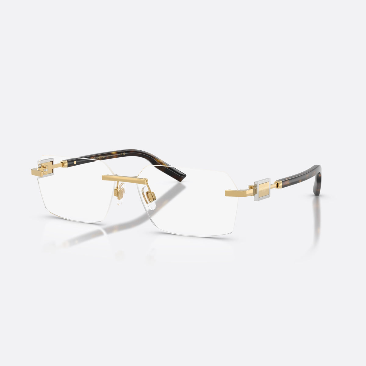 Dolce & Gabbana DG1361 02 eyeglasses, gold rectangle frame for men, plain gold-tone bar bridge, tapered temples with plaque