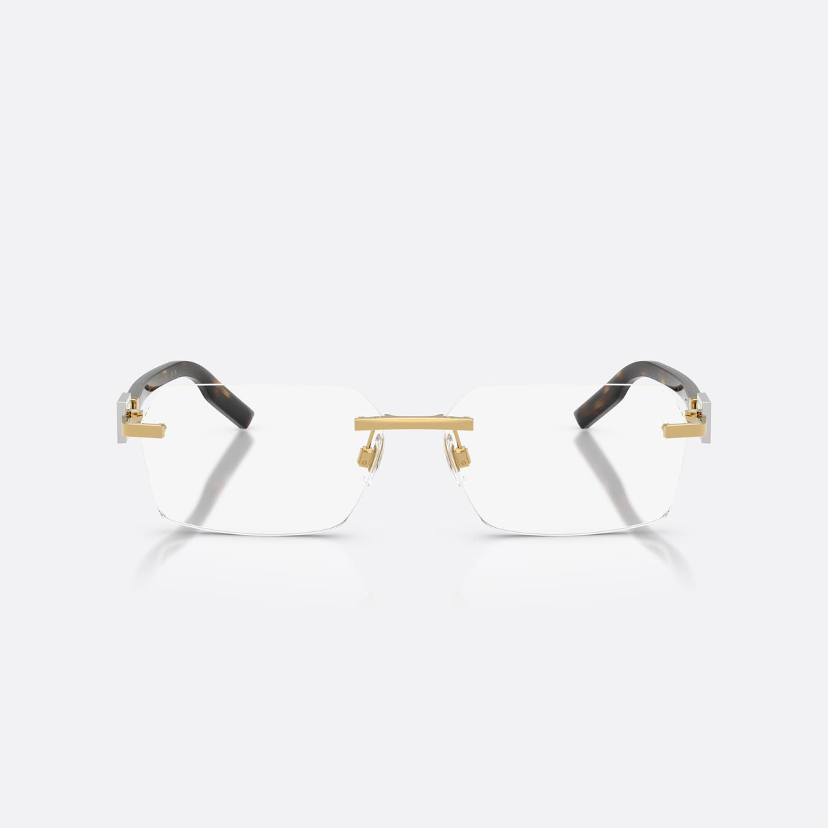 Dolce & Gabbana DG1361 02 eyeglasses, gold rectangle frame for men, plain gold-tone bar bridge, tapered temples with plaque, front view