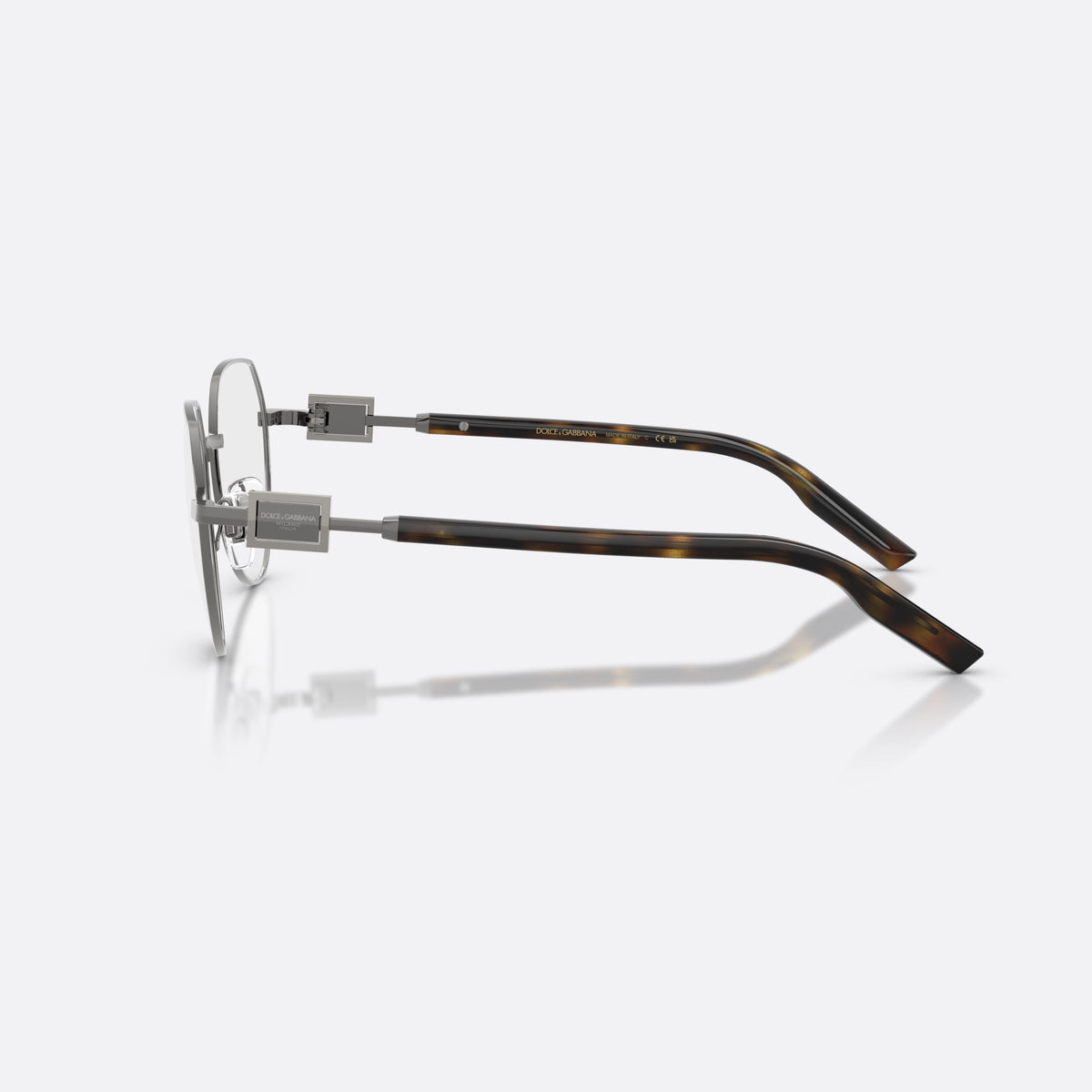 Dolce & Gabbana DG1362 1335 eyeglasses, brown phantos frame for men, plain metal bridge, brand logo plaque on temple, side view