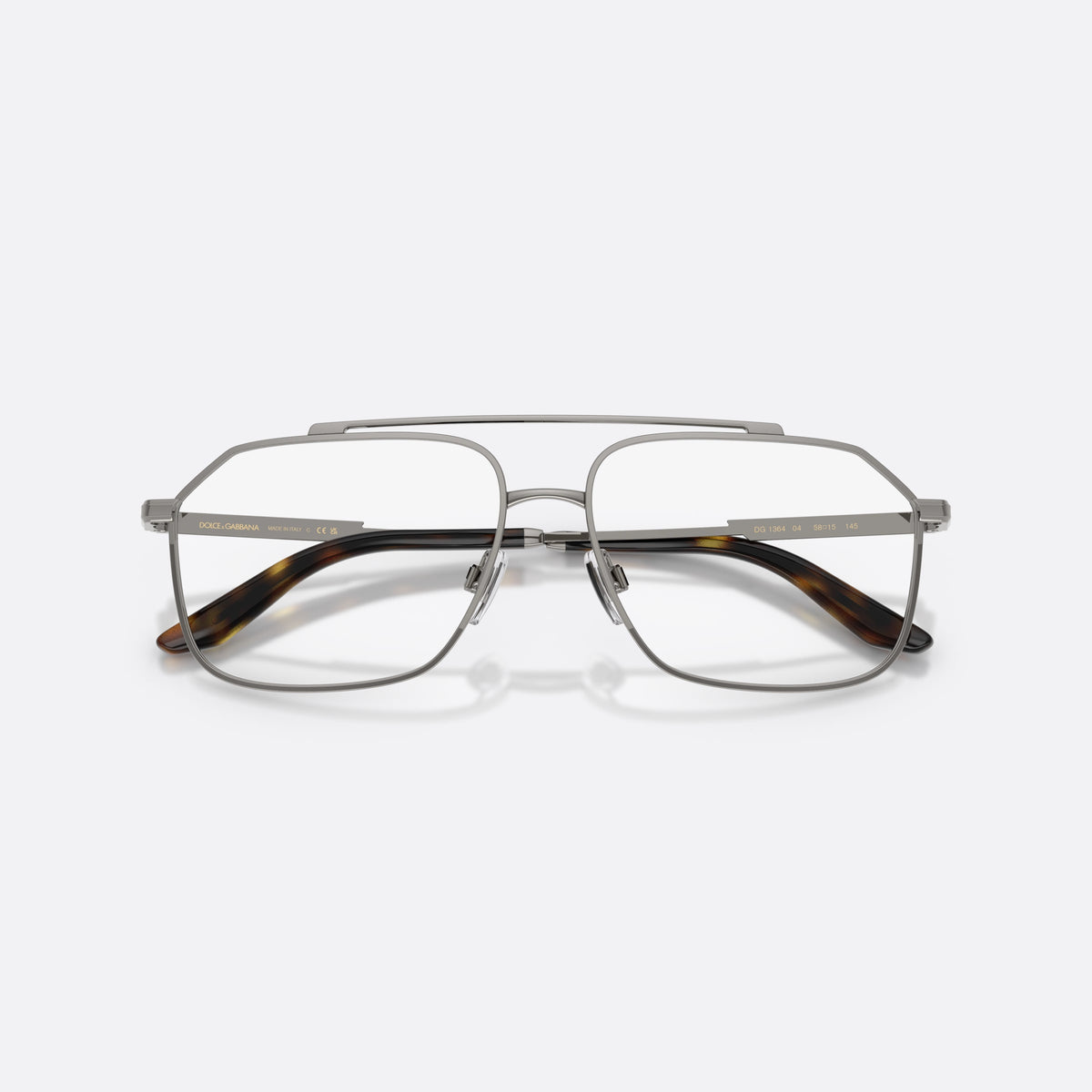 Dolce & Gabbana DG1364 04 eyeglasses, grey pilot frame for men, double bridge with top bar, brand lettering on temples, folded